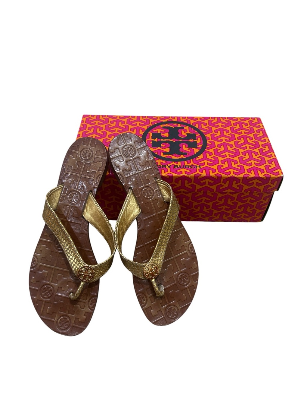 Tory Burch Thora Metallic Gold snake print Leather Thong Sandals in box size 8